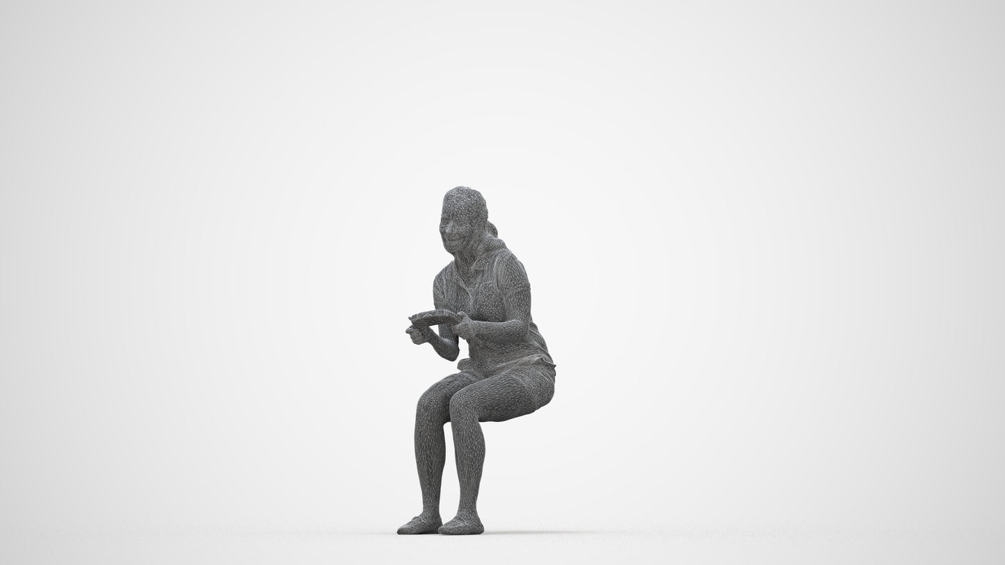 realistic 3D human woman casual sitting, archviz people FBX OBJ for Blender, wireframe back view