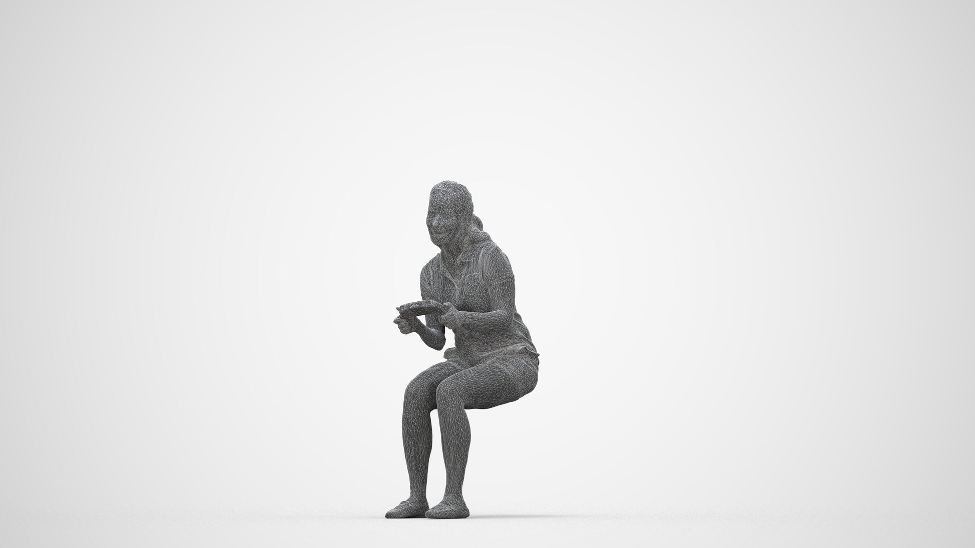 realistic 3D human woman casual sitting, archviz people FBX OBJ for Blender, wireframe back view