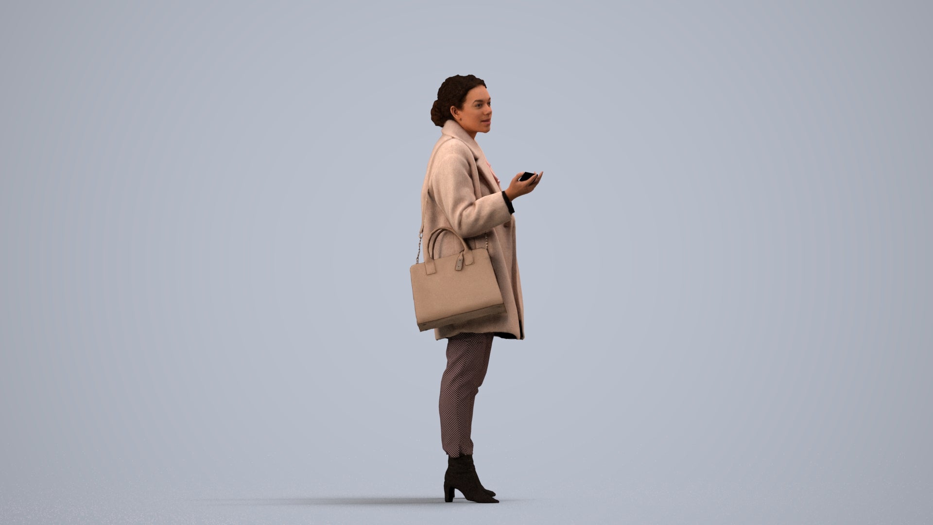 photogrammetry 3D woman business standing, realistic human model archviz FBX, side view render