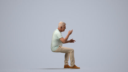 3D human model senior man casual sitting, photogrammetry scanned person for archviz, side view render