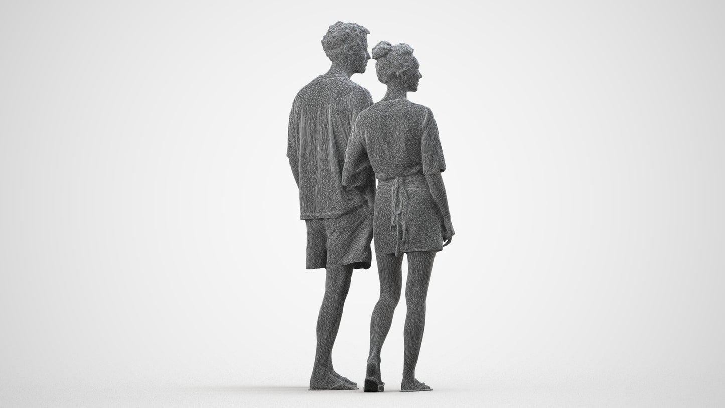 realistic 3D human woman casual couple, archviz people FBX OBJ for Blender, wireframe side view