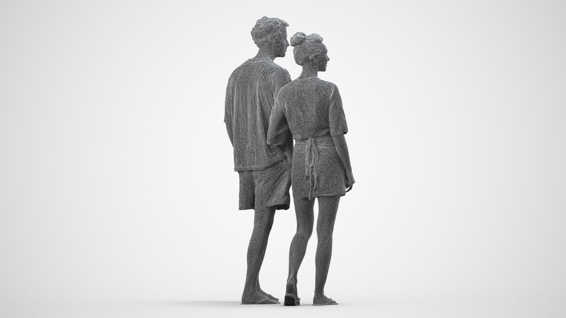 realistic 3D human woman casual couple, archviz people FBX OBJ for Blender, wireframe side view
