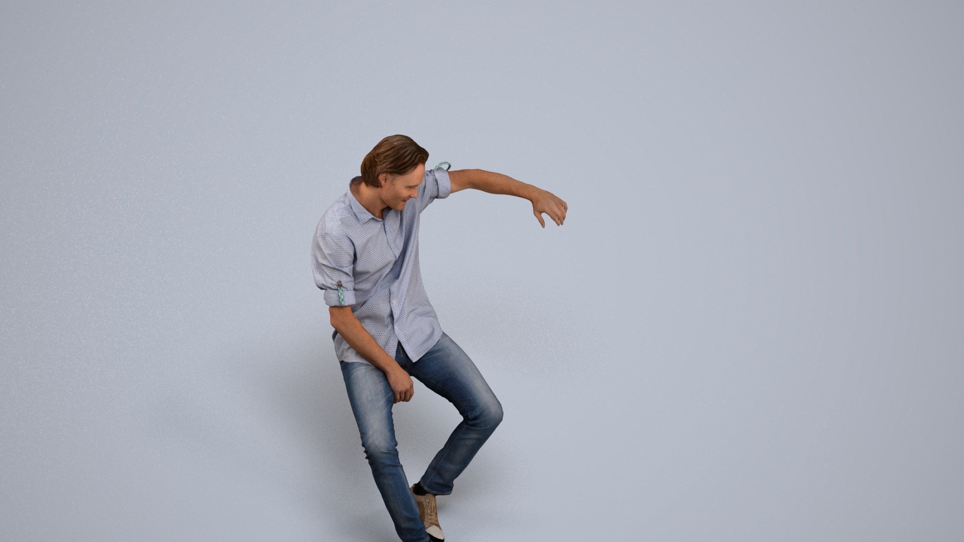 3D human model man casual sitting, photogrammetry scanned person for archviz, back view render