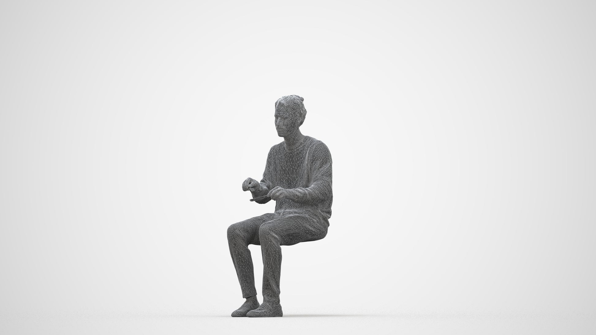 realistic 3D man casual sitting, scanned archviz people for Blender and 3ds Max, wireframe back view