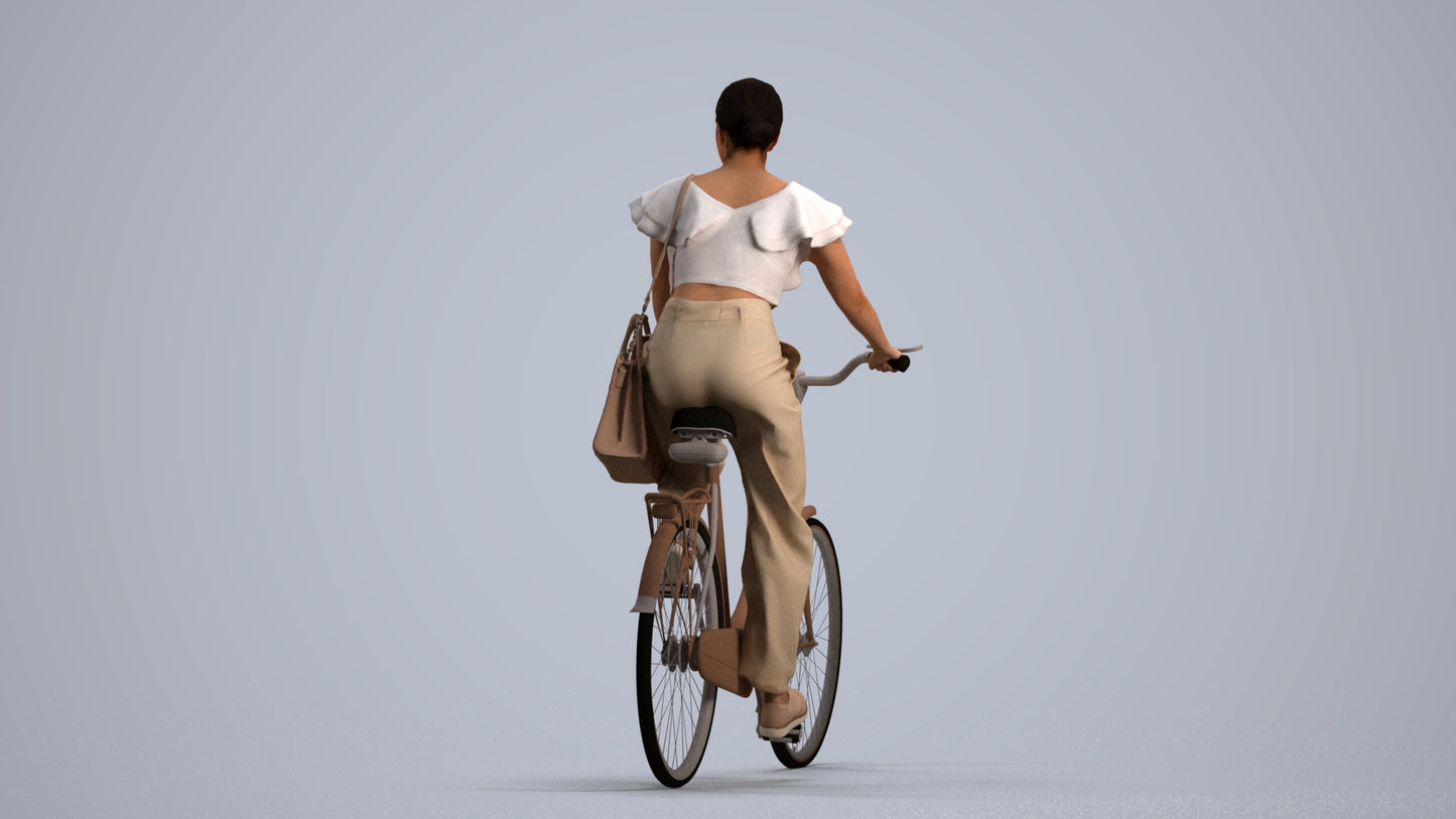 3D scanned woman cycling business, photorealistic archviz people for Enscape and SketchUp, front view render