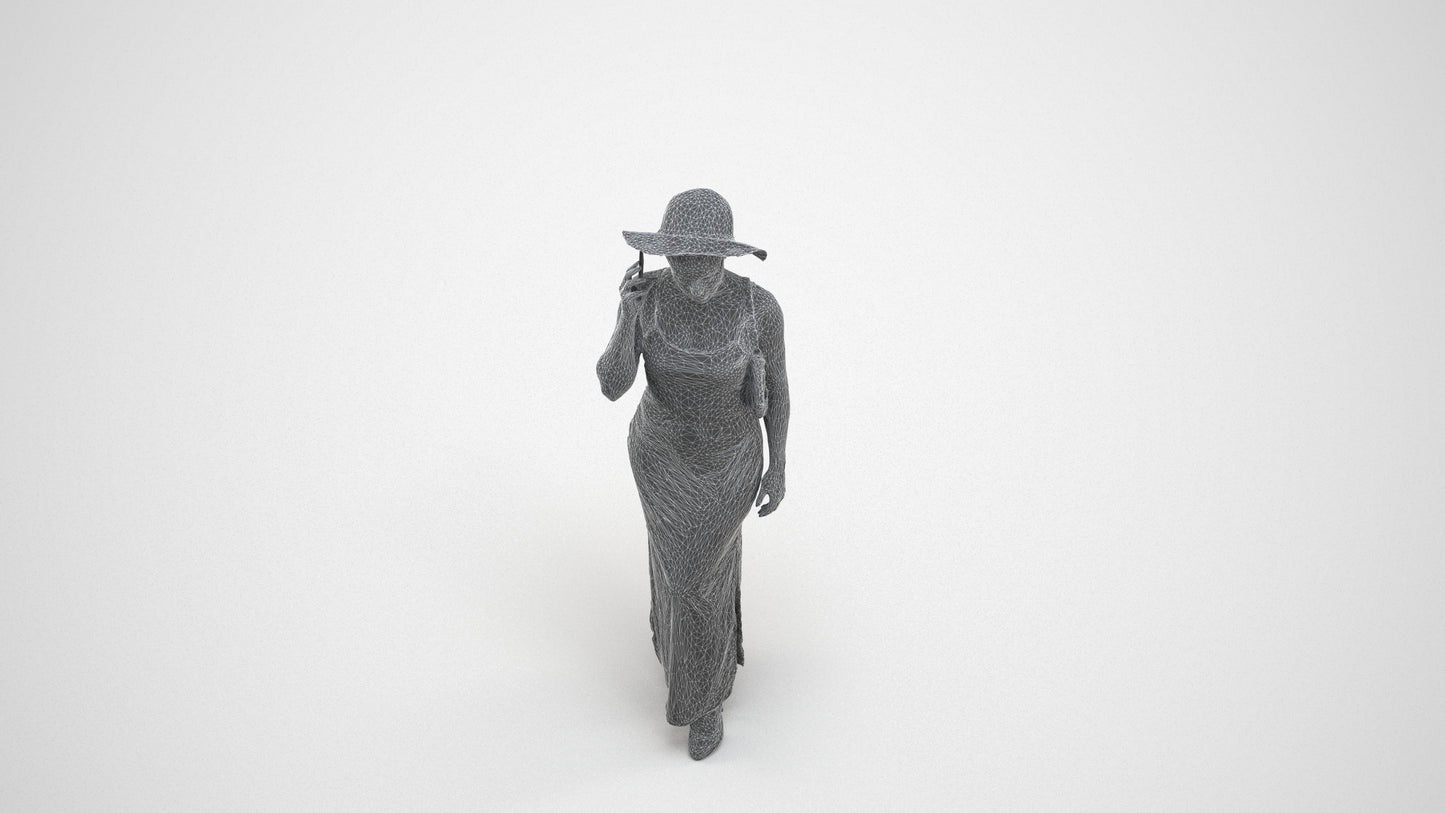 3D human model woman casual standing, photogrammetry scanned person for archviz, wireframe three-quarter view