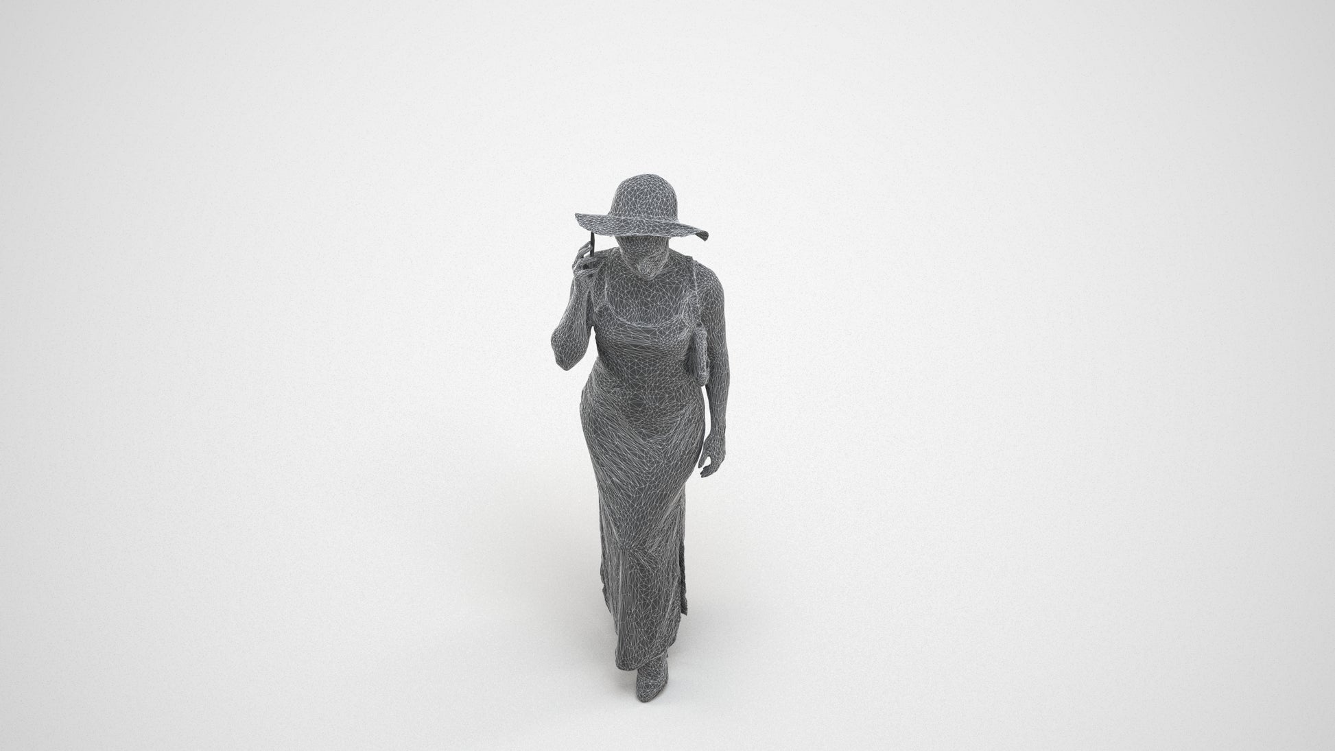 3D human model woman casual standing, photogrammetry scanned person for archviz, wireframe three-quarter view