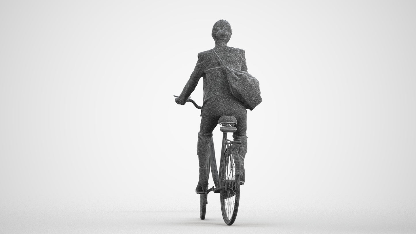photogrammetry 3D woman business cycling, realistic human model archviz FBX, wireframe front view