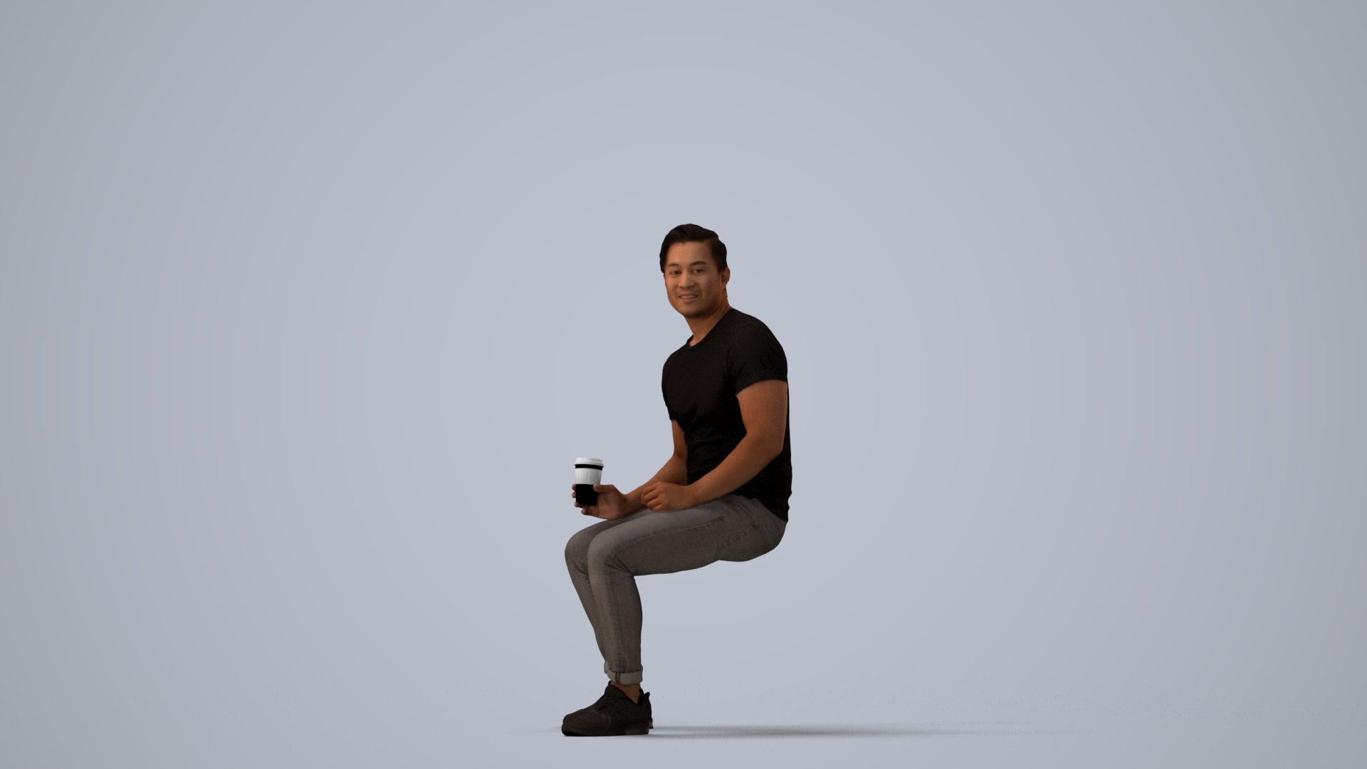 realistic 3D man casual sitting, scanned archviz people for Blender and 3ds Max, three-quarter view render