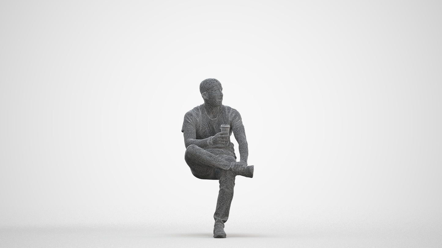 realistic 3D people man casual sitting, render-ready for V-Ray and Corona, FBX OBJ, three-quarter front view render