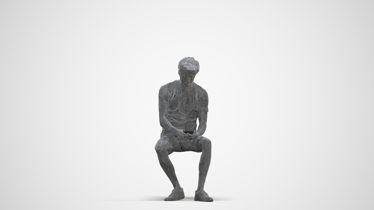 realistic 3D man casual sitting, scanned archviz people for Blender and 3ds Max, three-quarter front view render