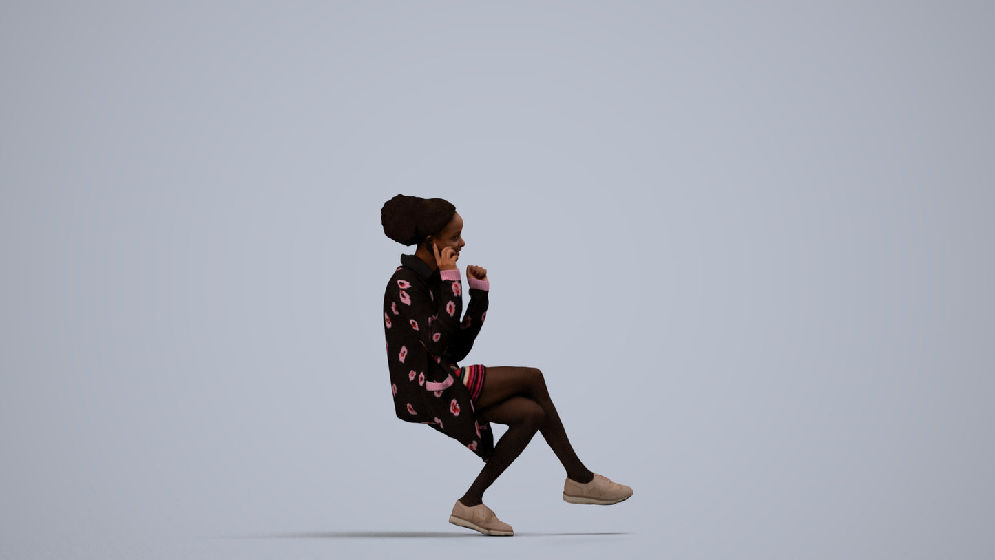 realistic 3D human woman casual sitting, archviz people FBX OBJ for Blender, side view render