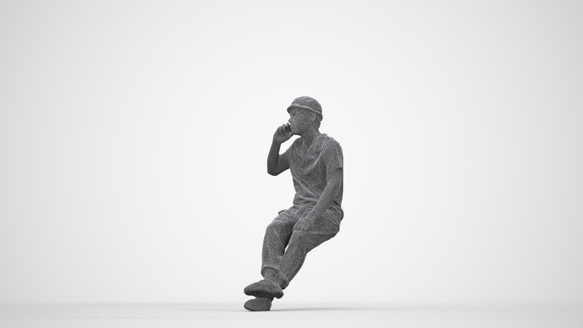 photogrammetry 3D man casual sitting, realistic human model archviz FBX, wireframe back view