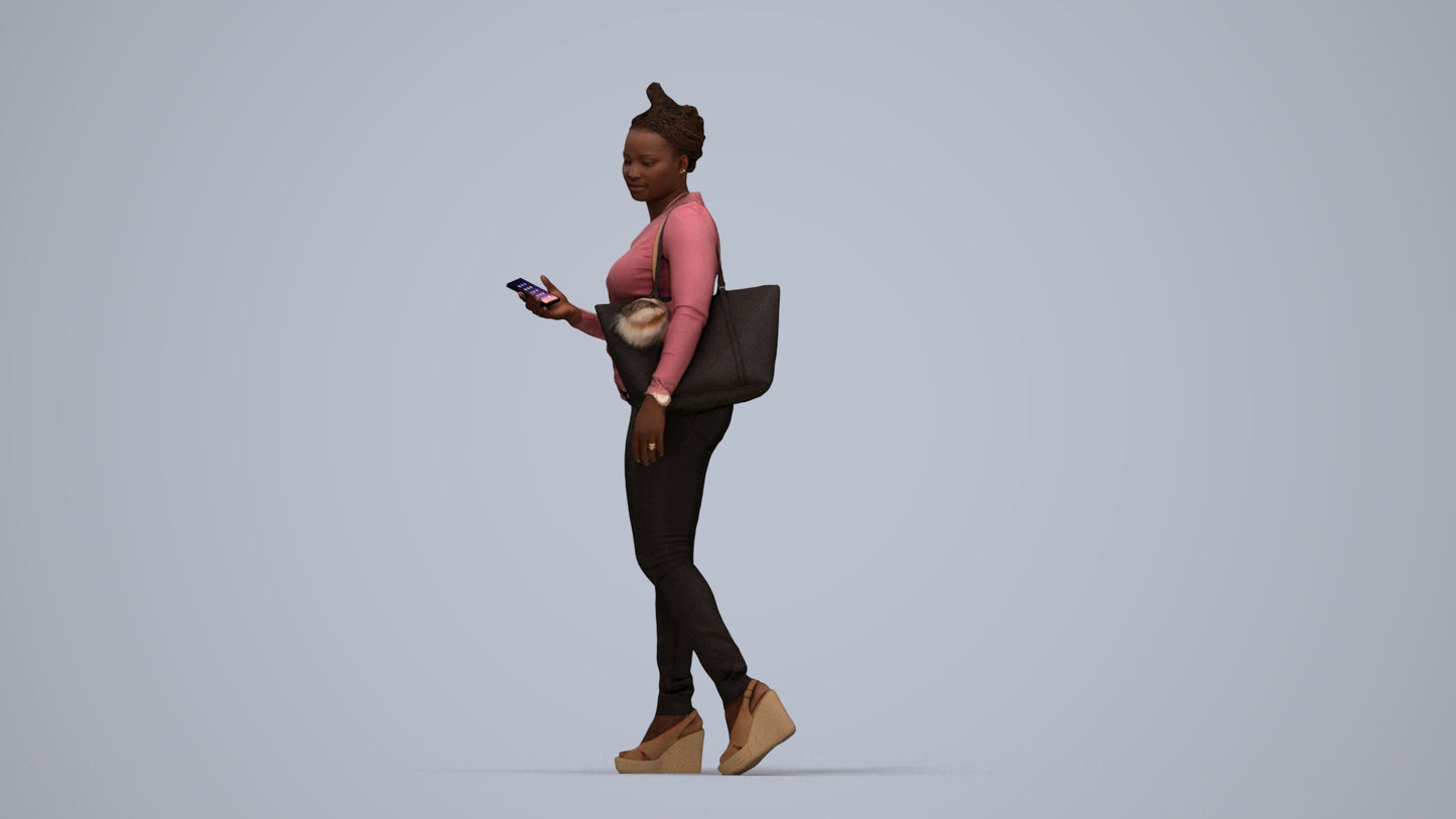 photogrammetry 3D woman casual walking, realistic human model archviz FBX, top-down view render