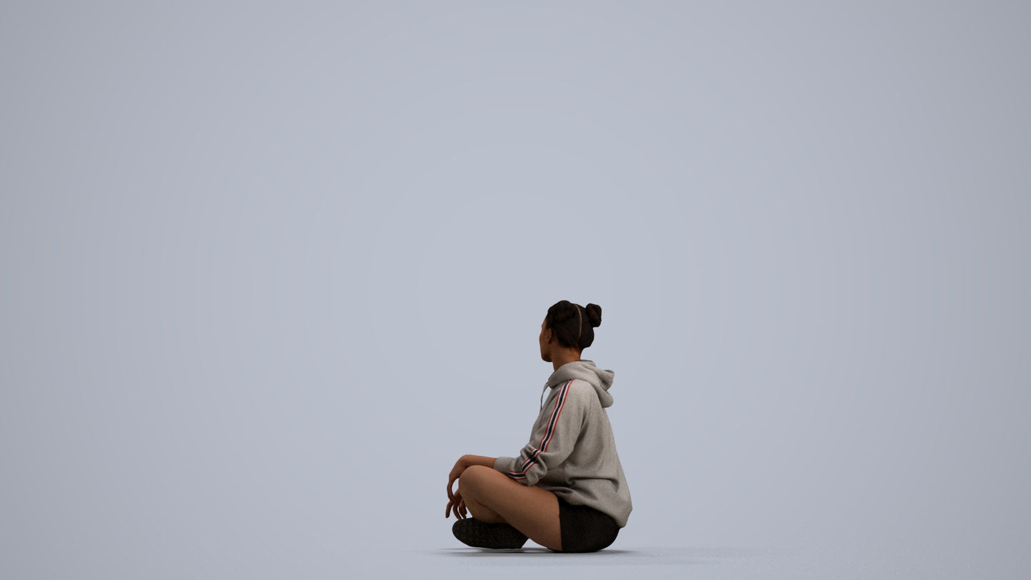 photogrammetry 3D woman casual sitting, realistic human model archviz FBX, front view render
