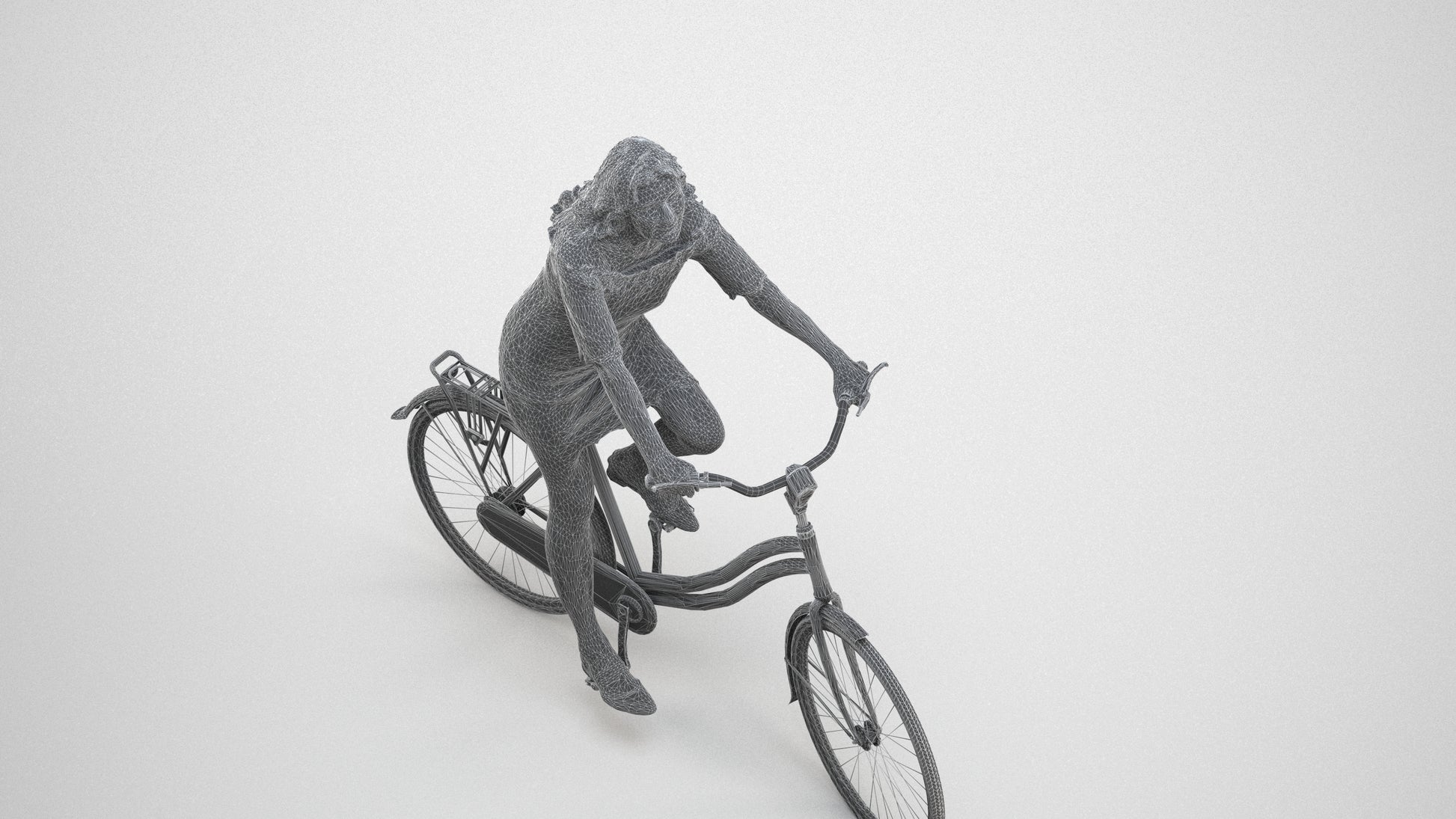 3D people model senior woman casual cycling, scanned human for 3ds Max rendering, wireframe three-quarter view