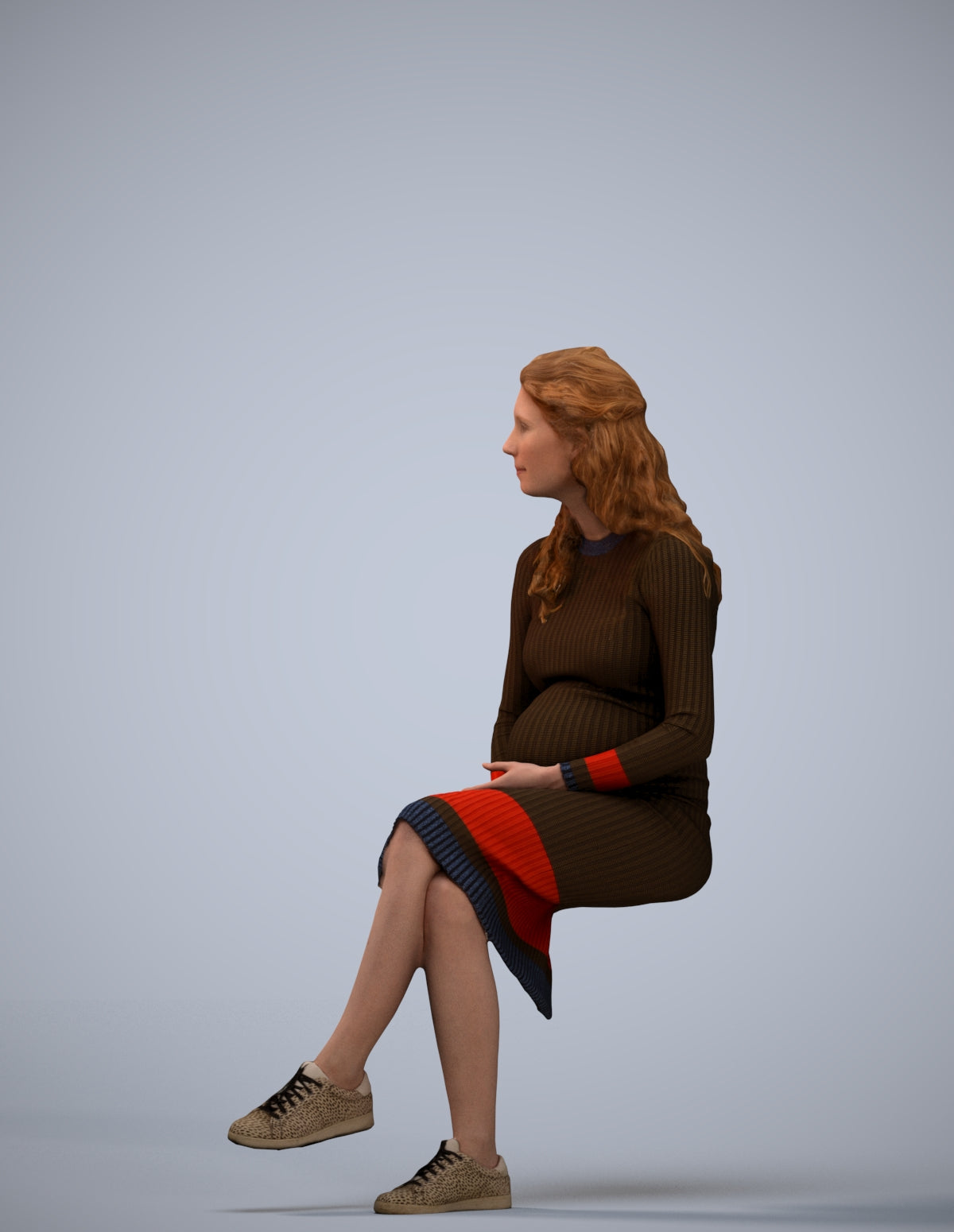 3D human model woman casual sitting, photogrammetry scanned person for archviz