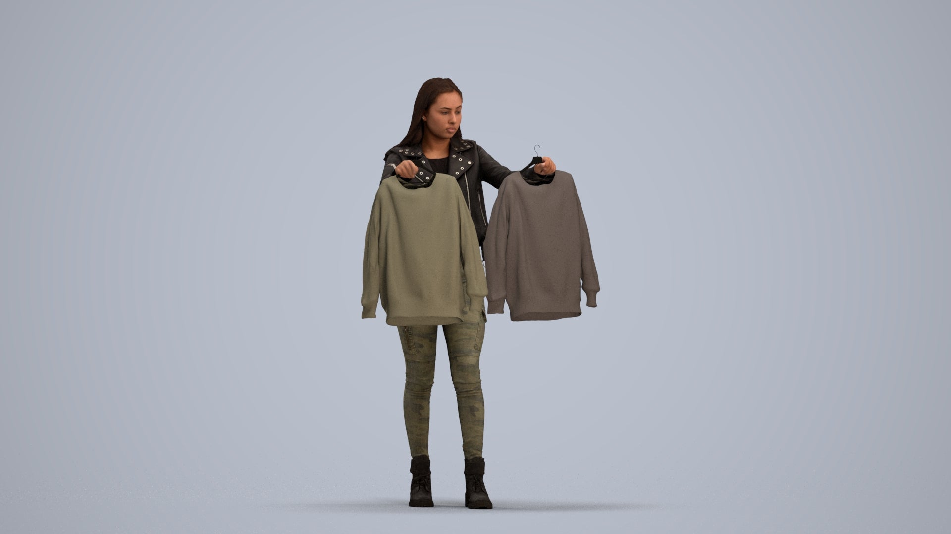 realistic 3D woman casual shopping, scanned archviz people for Blender and 3ds Max, standing pose render