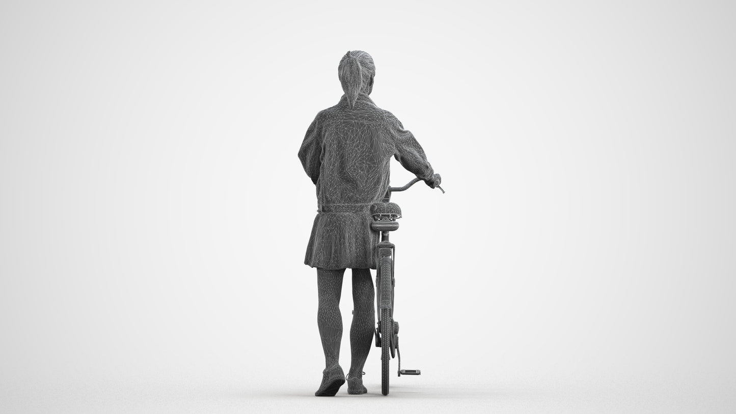 scanned 3D woman casual cycling, photogrammetry people for Enscape and V-Ray, wireframe front view