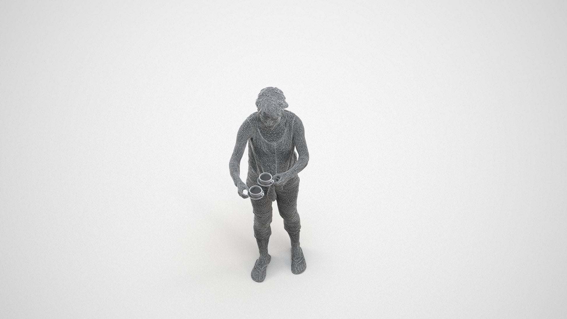 scanned 3D senior woman casual standing, photogrammetry people for Enscape and V-Ray, wireframe three-quarter view