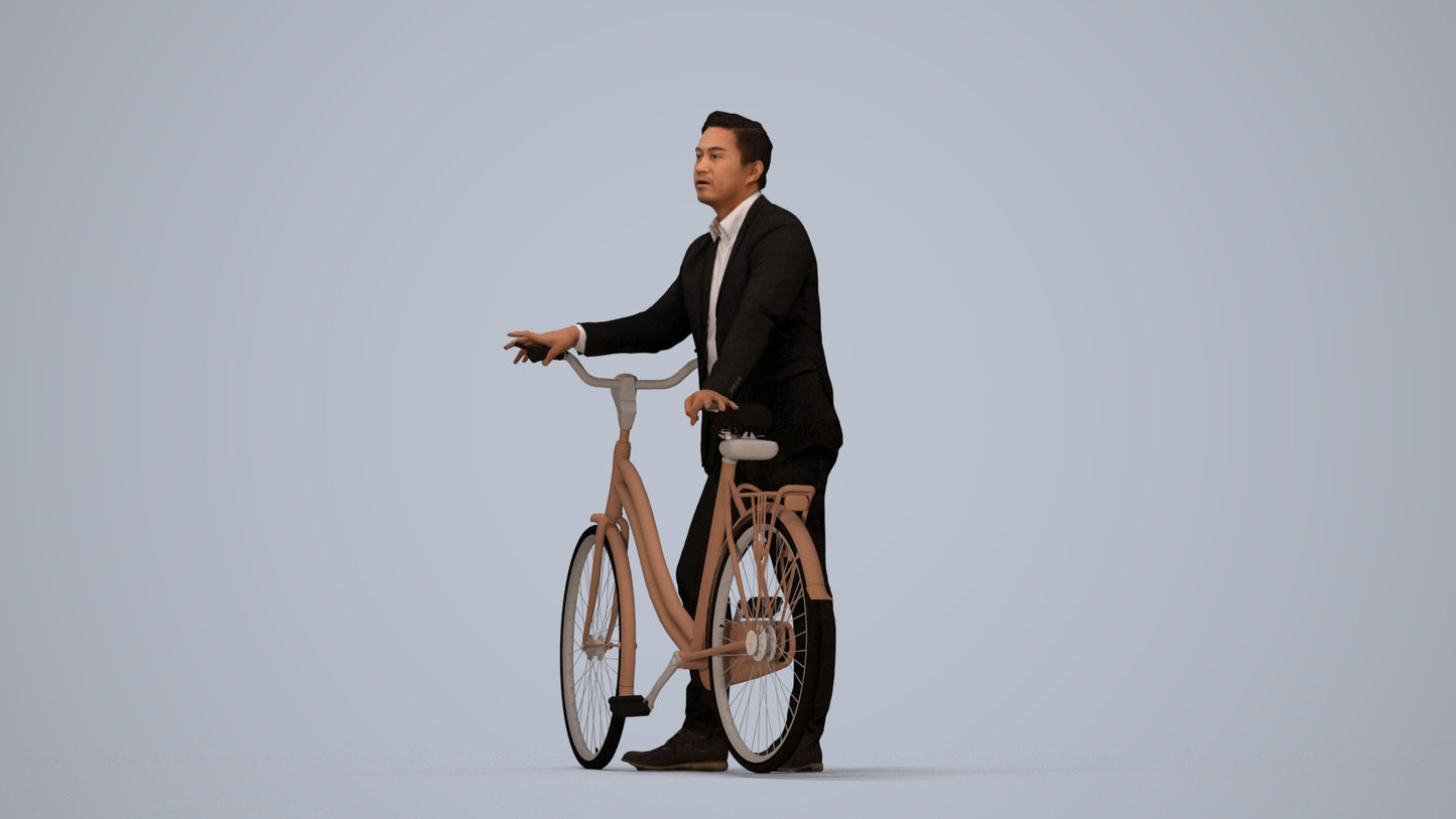 photogrammetry 3D man business cycling, realistic human model archviz FBX, top-down view render
