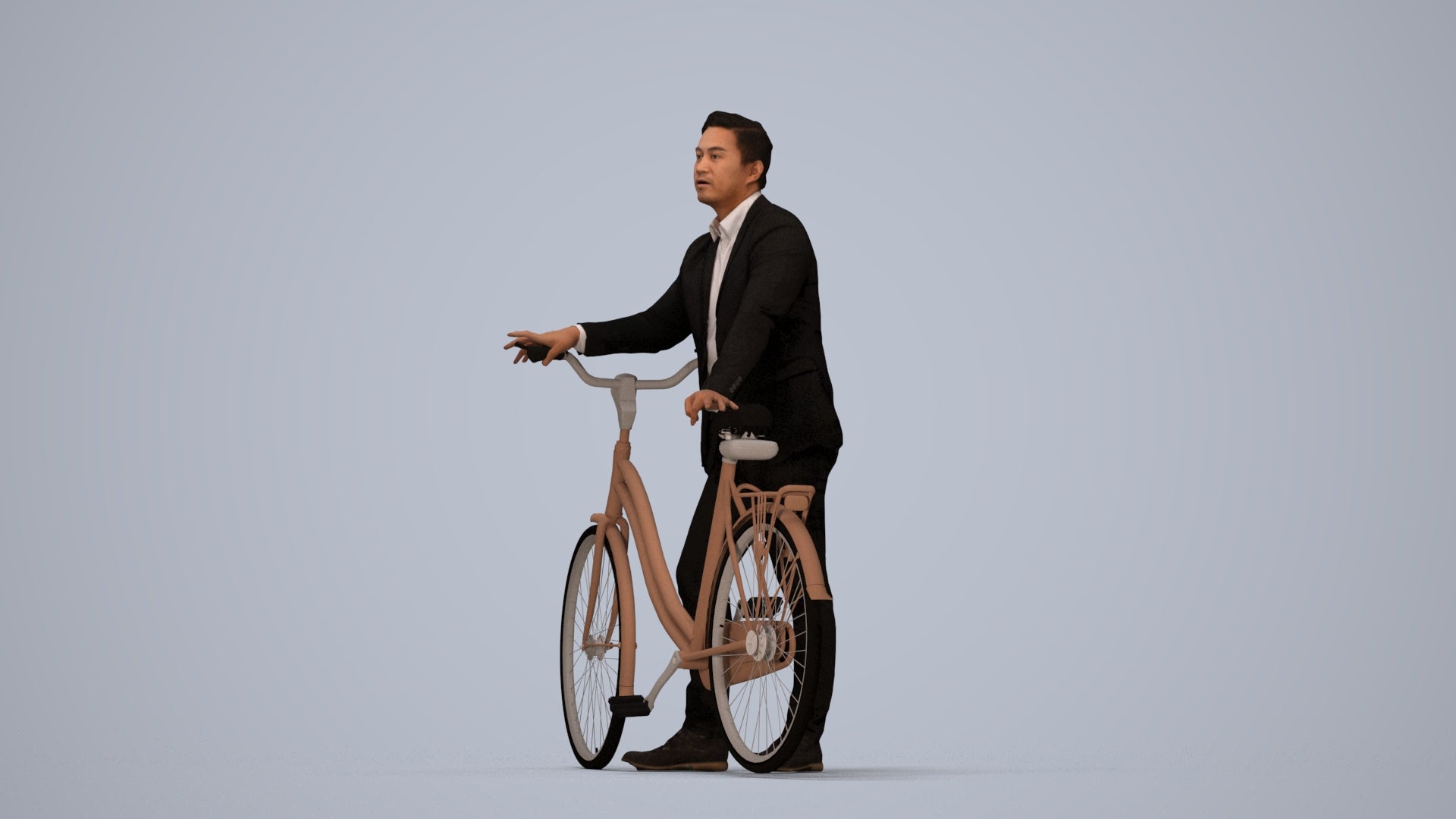 photogrammetry 3D man business cycling, realistic human model archviz FBX, top-down view render
