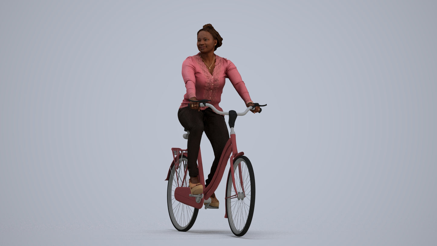 realistic 3D woman casual cycling, scanned archviz people for Blender and 3ds Max, standing pose render