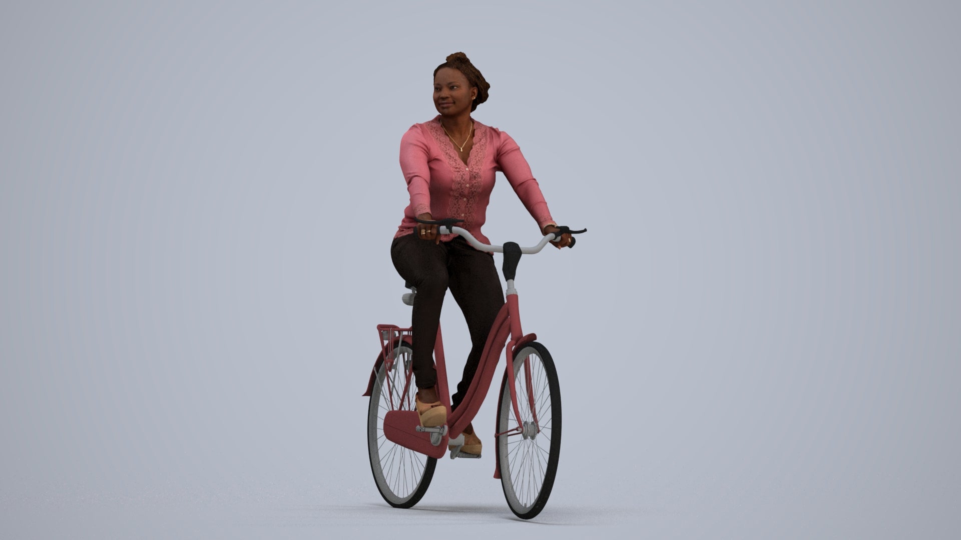 realistic 3D woman casual cycling, scanned archviz people for Blender and 3ds Max, standing pose render
