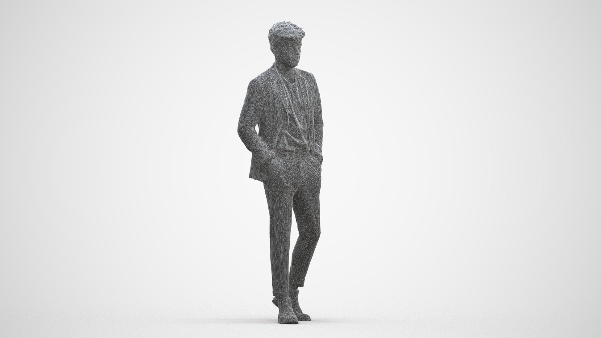 3D human model man business walking, photogrammetry scanned person for archviz, three-quarter front view render