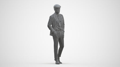 3D human model man business walking, photogrammetry scanned person for archviz, three-quarter front view render