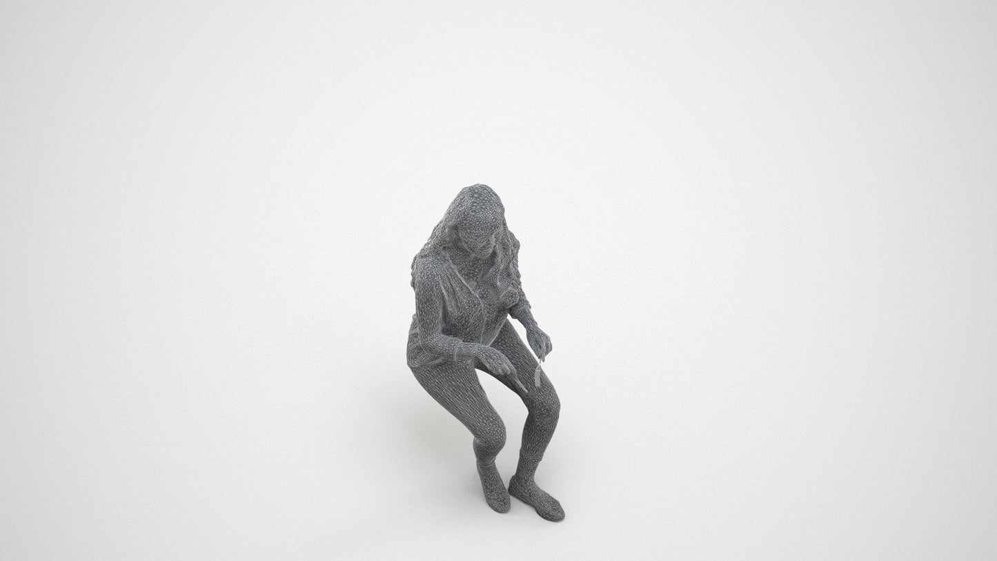 scanned 3D woman casual sitting, photogrammetry people for Enscape and V-Ray, wireframe three-quarter view