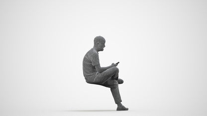 3D scanned man sitting casual, photorealistic archviz people for Enscape and SketchUp, wireframe side view