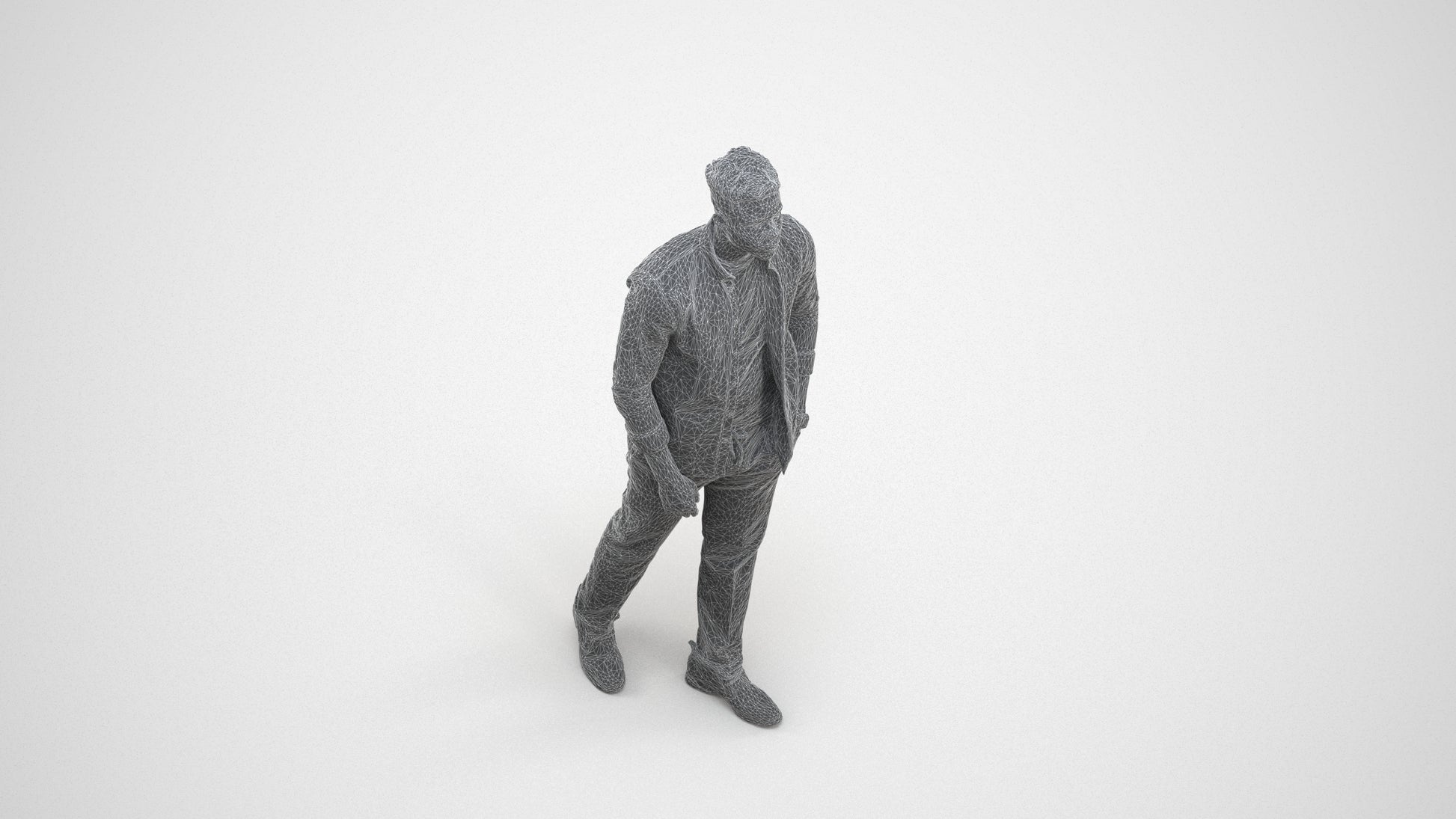 3D scanned man walking casual, photorealistic archviz people for Enscape and SketchUp, wireframe three-quarter view