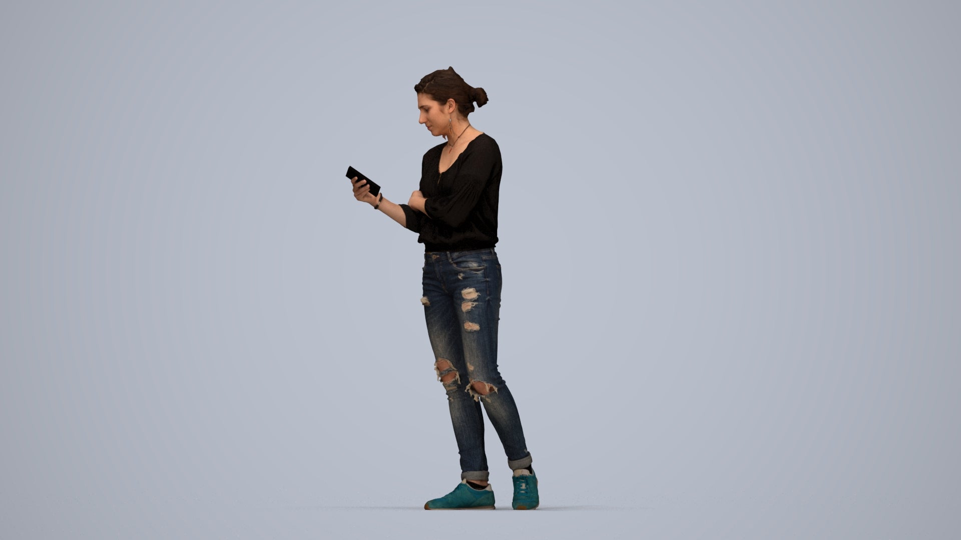 realistic 3D woman casual standing, scanned archviz people for Blender and 3ds Max, top-down view render