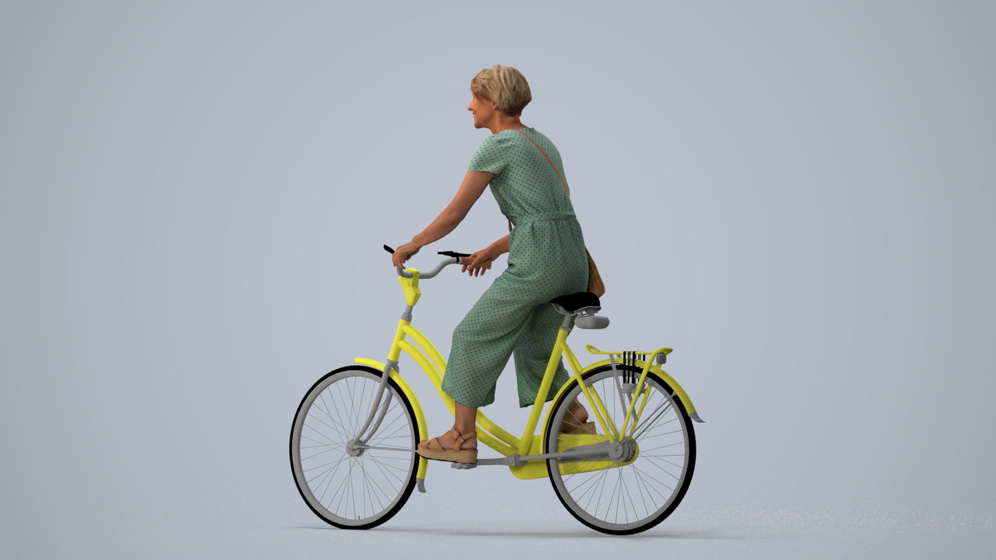 3D scanned senior woman cycling casual, photorealistic archviz people for Enscape and SketchUp, three-quarter view render