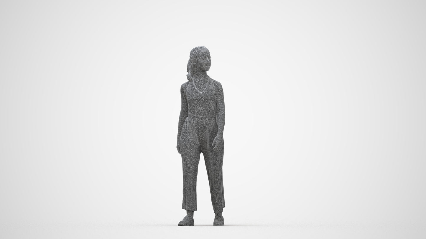 3D human model girl casual kids, photogrammetry scanned person for archviz, wireframe back view