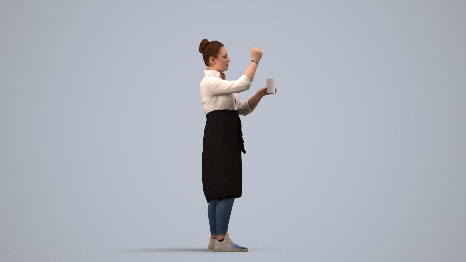 realistic 3D people woman hospitality, render-ready for V-Ray and Corona, FBX OBJ, side view render