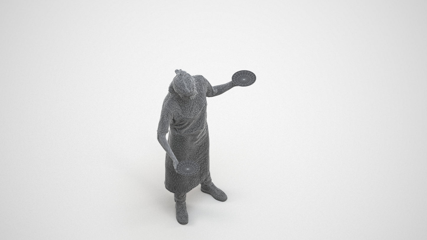 3D scanned woman hospitality, photorealistic archviz people for Enscape and SketchUp, wireframe three-quarter view