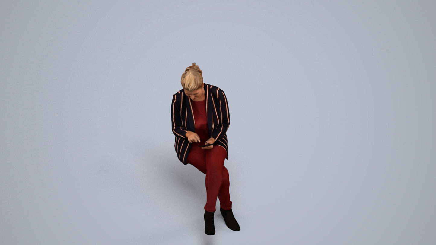 3D human model woman business sitting, photogrammetry scanned person for archviz, back view render