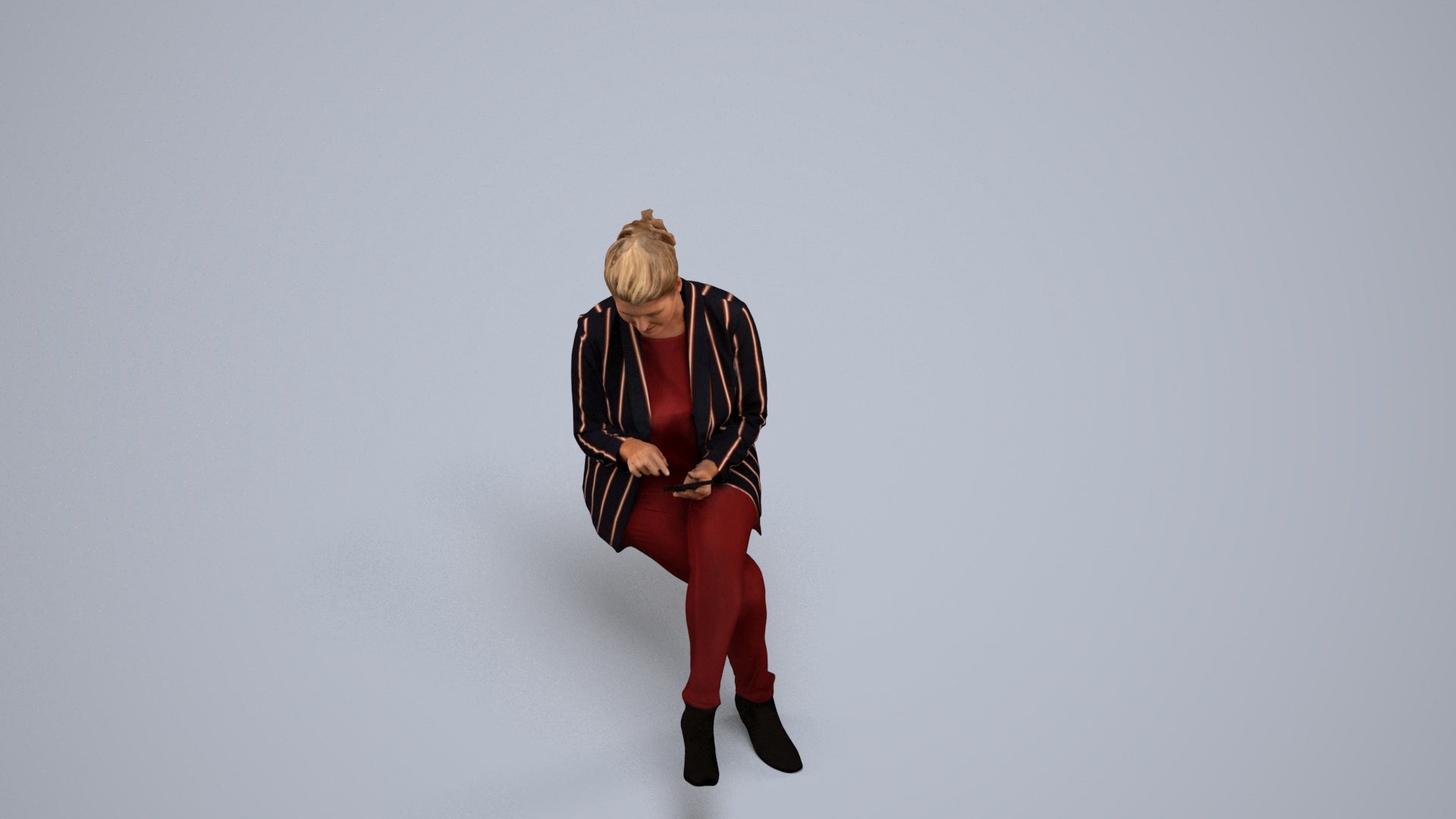 3D human model woman business sitting, photogrammetry scanned person for archviz, back view render