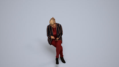 3D human model woman business sitting, photogrammetry scanned person for archviz, back view render