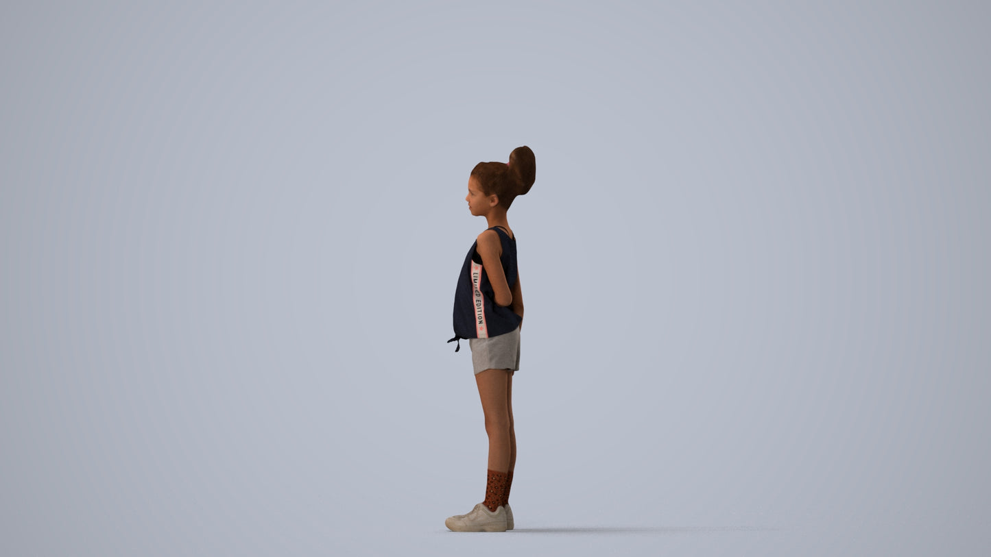 3D human model girl sport kids, photogrammetry scanned person for archviz, three-quarter view render