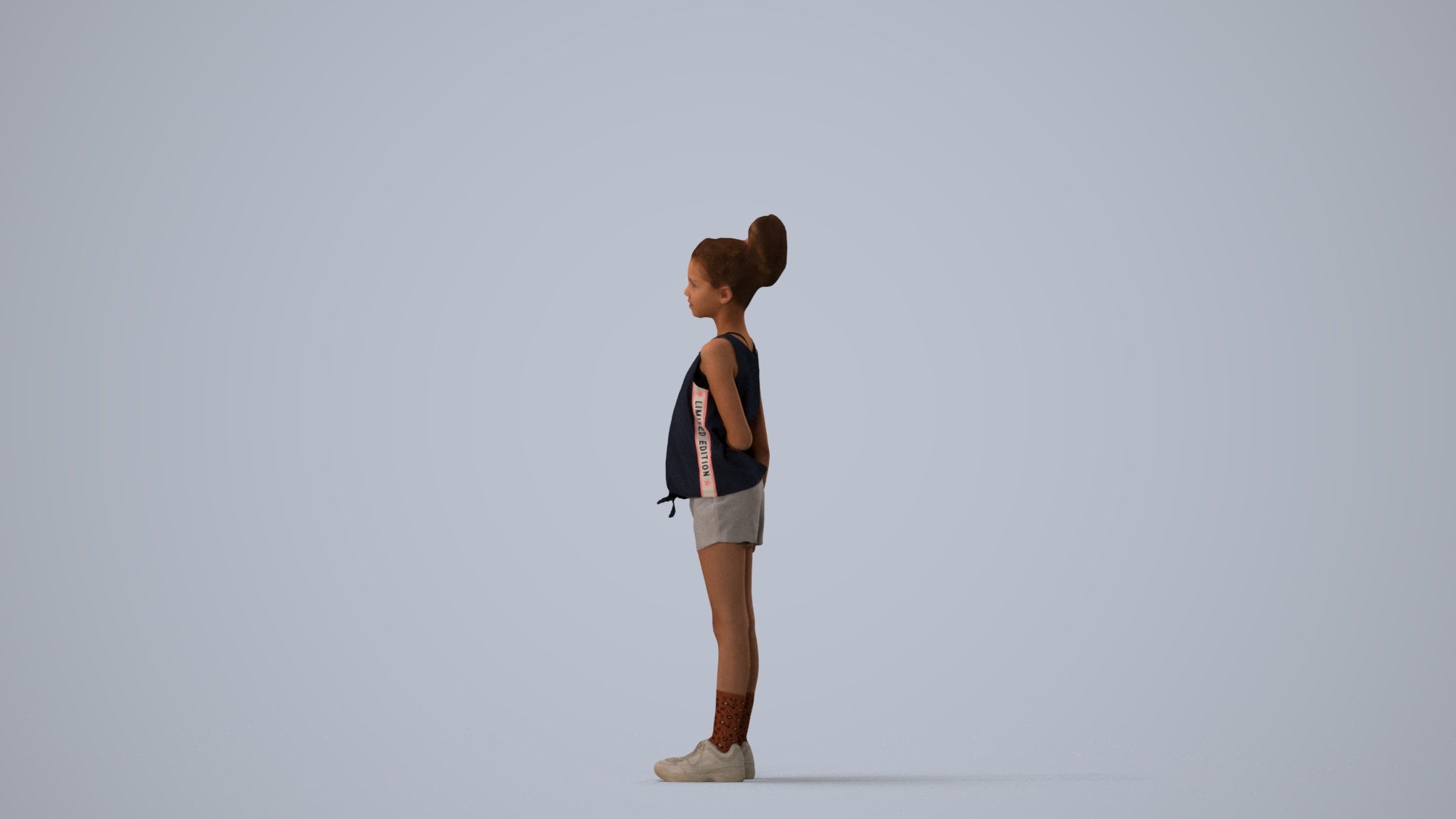 3D human model girl sport kids, photogrammetry scanned person for archviz, three-quarter view render