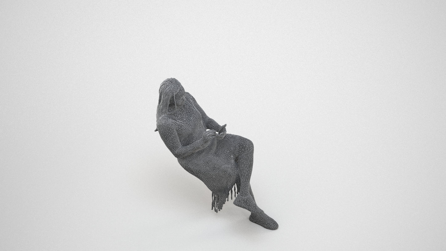 realistic 3D human woman casual sitting, archviz people FBX OBJ for Blender, wireframe three-quarter view