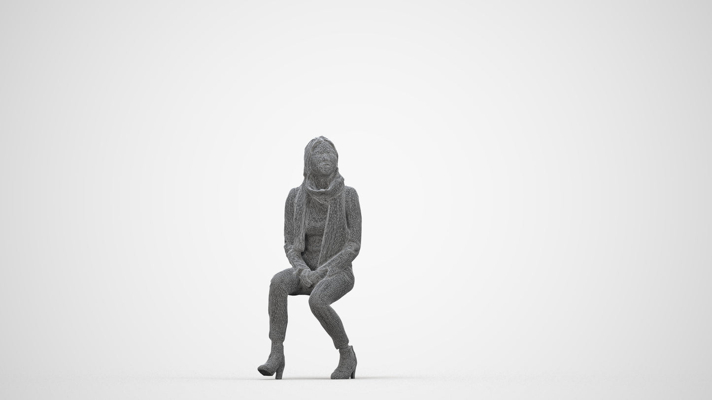 3D human model woman casual sitting, photogrammetry scanned person for archviz, wireframe back view