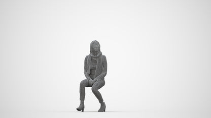 3D human model woman casual sitting, photogrammetry scanned person for archviz, wireframe back view