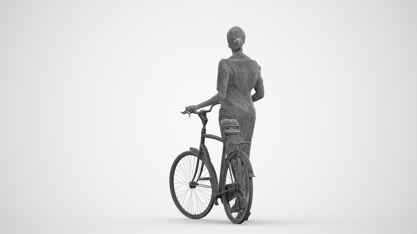 realistic 3D senior woman casual cycling, scanned archviz people for Blender and 3ds Max, wireframe front view