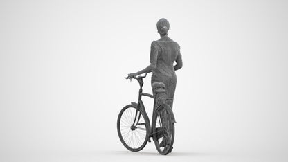 realistic 3D senior woman casual cycling, scanned archviz people for Blender and 3ds Max, wireframe front view