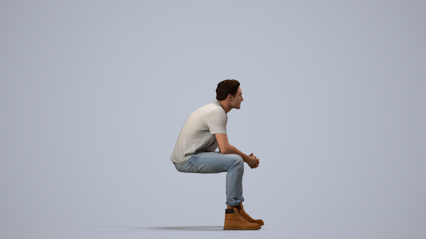 scanned 3D man casual sitting, photogrammetry people for Enscape and V-Ray, side view render