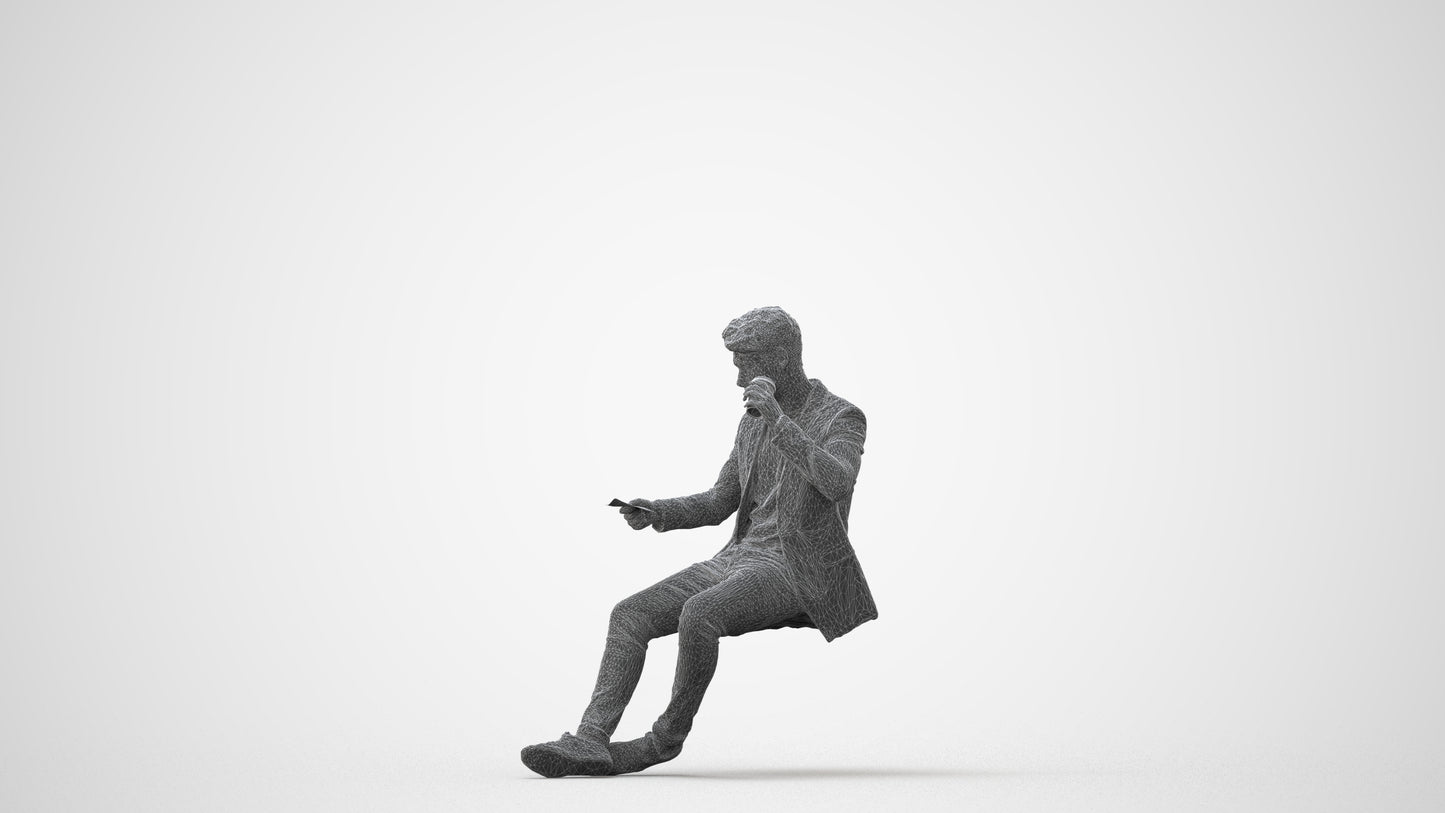 3D human model man casual sitting, photogrammetry scanned person for archviz, square thumbnail